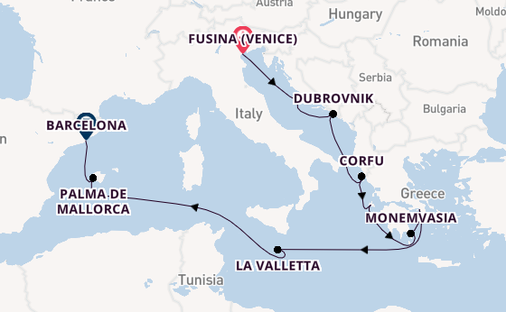 Middellandse Zee vanaf Fusina (Venice) met de Seven Seas Grandeur