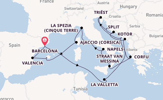 Middellandse Zee vanaf Barcelona, Spanje met de Queen Elizabeth