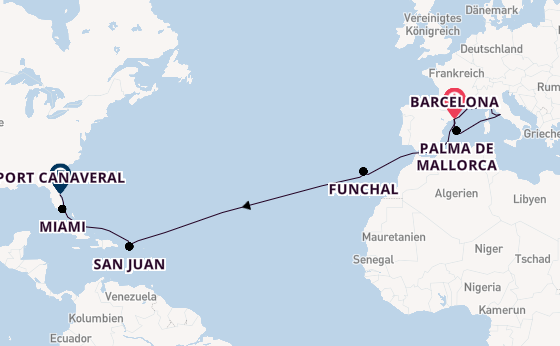 Transatlantik ab Barcelona, Spanien auf der MSC Grandiosa