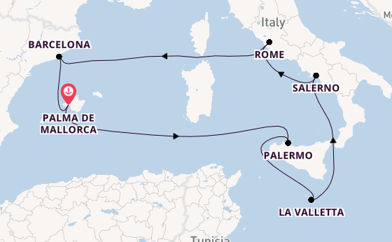 Westelijke Middellandse Zee vanaf Palma de Mallorca, Mallorca, Spanje met de Mein Schiff 4