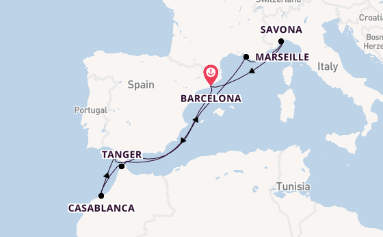 Westelijke Middellandse Zee vanaf Barcelona, Spanje met de Costa Fascinosa