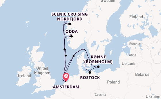 Noorwegen vanaf Amsterdam, Nederland met de Zuiderdam