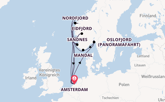 Norwegen ab Amsterdam, Niederlande auf der Zuiderdam