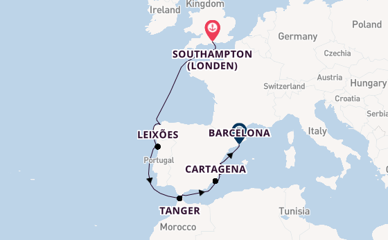 Westelijke Middellandse Zee vanaf Southampton (Londen), Engeland met de Queen Elizabeth