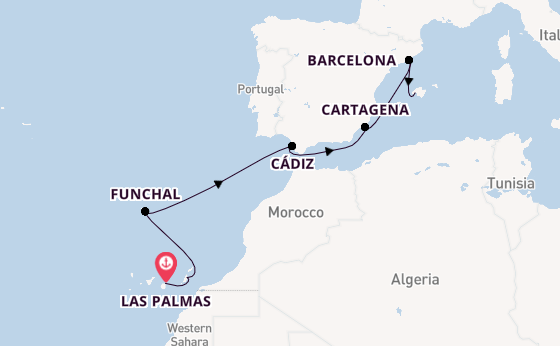 Westelijke Middellandse Zee vanaf Las Palmas, Gran Canaria, Spanje met de Mein Schiff Relax