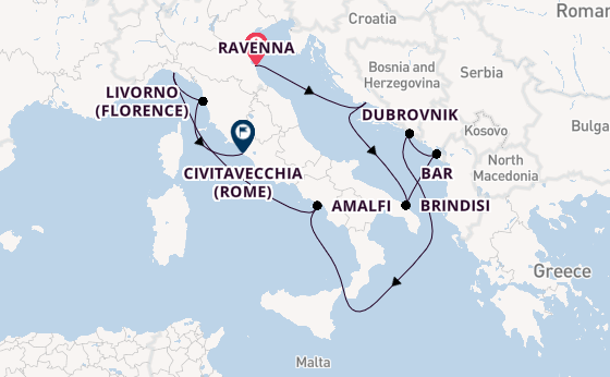 Middellandse Zee vanaf Ravenna, Italië met de Celebrity Constellation