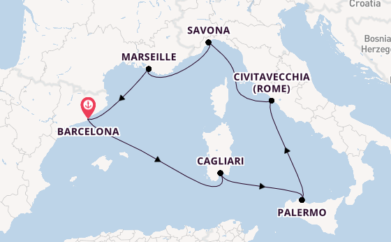 Westelijke Middellandse Zee vanaf Barcelona, Spanje met de Costa Smeralda
