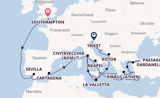 Mittelmeer ab Southampton, Großbritannien auf der Queen Elizabeth