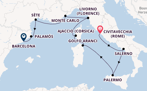 Westelijke Middellandse Zee vanaf Civitavecchia (Rome), Italië met de Allura