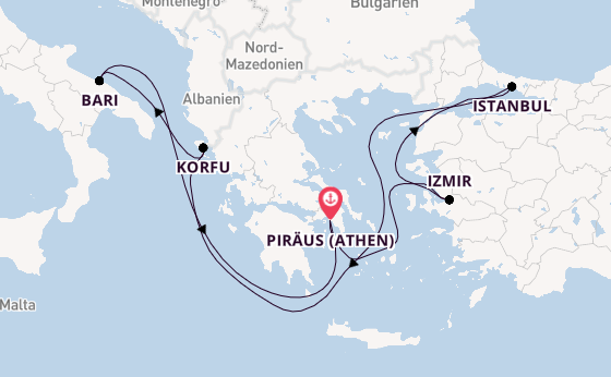 Mittelmeer ab Piräus (Athen), Griechenland auf der MSC Lirica