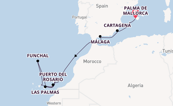 Canarische Eilanden vanaf Palma de Mallorca, Mallorca, Spanje met AIDAcosma