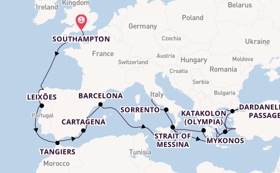 Mediterranean Sea from Southampton, England with the Queen Elizabeth