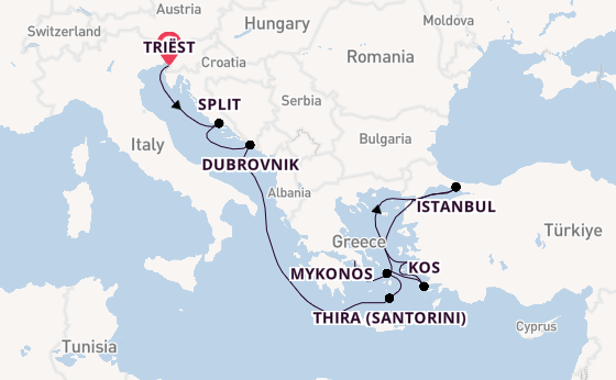 Oostelijke Middellandse Zee vanaf Triëst, Italië met de Oosterdam