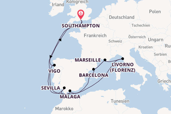 Westliches Mittelmeer ab Southampton, Großbritannien auf der Queen Mary 2