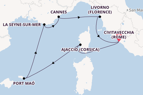 Westelijke Middellandse Zee vanaf Civitavecchia (Rome), Italië met AIDAstella