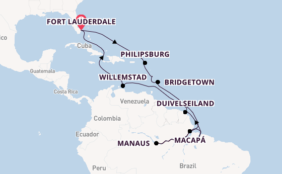 Zuid-Amerika vanaf Fort Lauderdale, Verenigde Staten met de Volendam