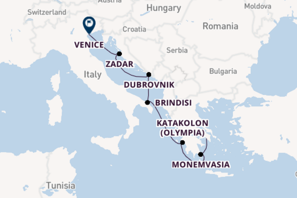 Voyage from Athens (Piraeus) to Venice via Katakolon (Olympia)