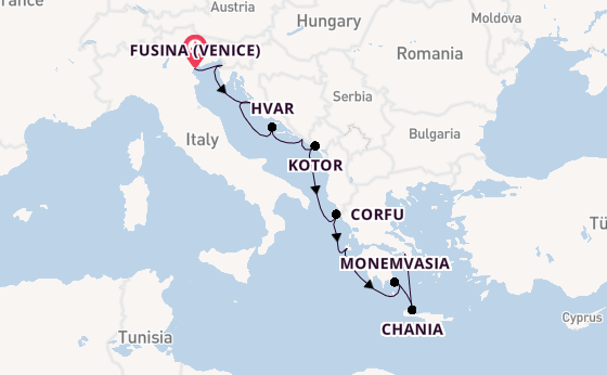 Eastern Mediterranean from Fusina (Venice) with the Azamara Onward