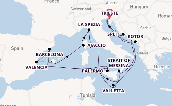 Western Mediterranean from Trieste, Italy with the Queen Elizabeth