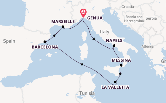 Westelijke Middellandse Zee vanaf Genua, Italië met de MSC Magnifica