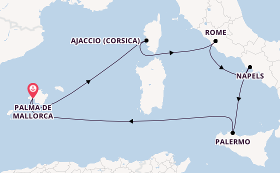 Westelijke Middellandse Zee vanaf Palma de Mallorca, Mallorca, Spanje met de Mein Schiff 4