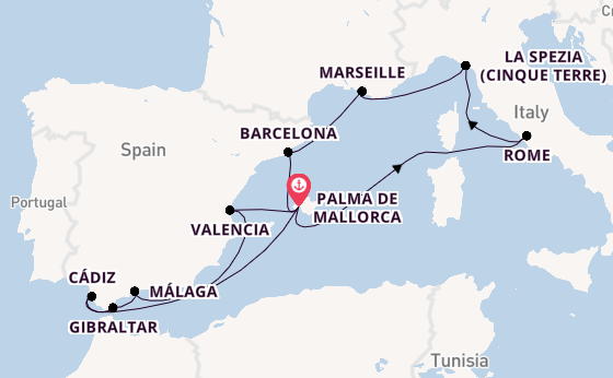 Westelijke Middellandse Zee vanaf Palma de Mallorca, Mallorca, Spanje met de Mein Schiff 4