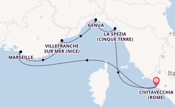 Westelijke Middellandse Zee vanaf Civitavecchia (Rome), Italië met de Queen Victoria