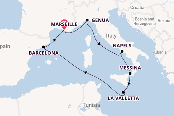 Westelijke Middellandse Zee vanaf Marseille, Frankrijk met de MSC World Asia