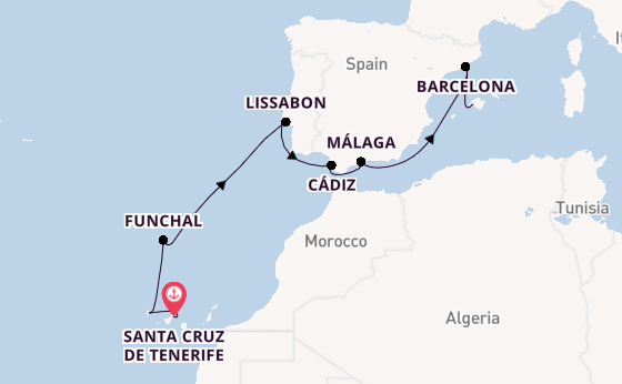 Westelijke Middellandse Zee vanaf Santa Cruz de Tenerife, Tenerife, Spanje met AIDAperla
