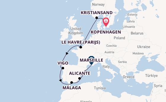 Westelijke Middellandse Zee vanaf Kopenhagen, Denemarken met de Costa Diadema