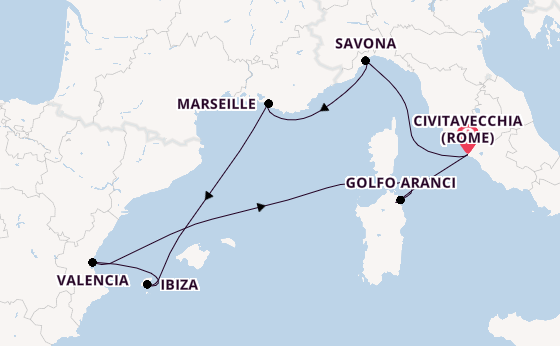 Westelijke Middellandse Zee vanaf Civitavecchia (Rome), Italië met de Costa Pacifica