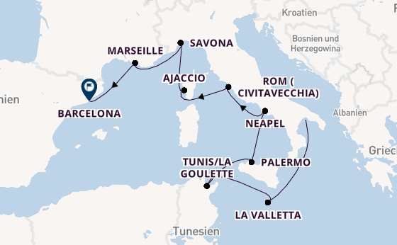 Westliches Mittelmeer ab Tarent, Italien auf der Costa Fascinosa