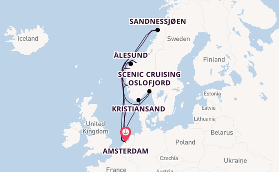 Noorwegen vanaf Amsterdam, Nederland met de Zuiderdam