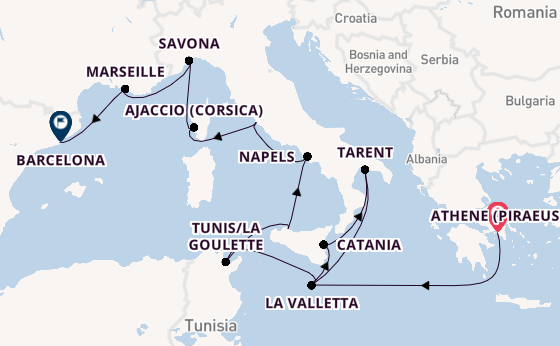 Westelijke Middellandse Zee vanaf Athene (Piraeus), Griekenland met de Costa Fascinosa