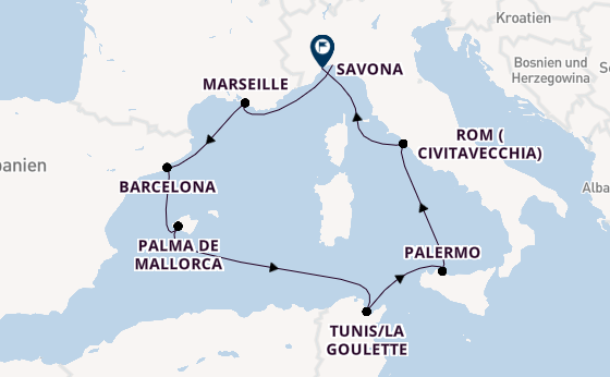 Westliches Mittelmeer ab Genua, Italien auf der Costa Toscana