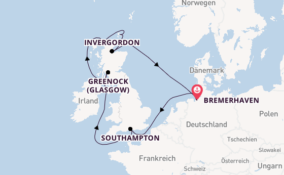 Vereinigtes Königreich ab Bremerhaven, Deutschland auf der Mein Schiff 2