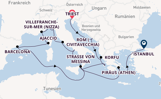 Mittelmeer ab Triest, Italien auf der Queen Elizabeth