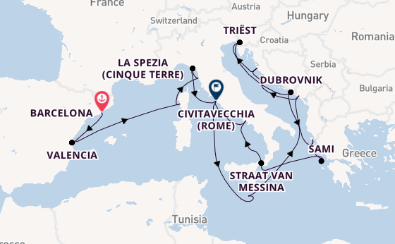 Middellandse Zee vanaf Barcelona, Spanje met de Queen Elizabeth