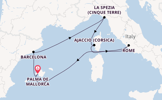 Westelijke Middellandse Zee vanaf Palma de Mallorca, Mallorca, Spanje met de Mein Schiff Flow
