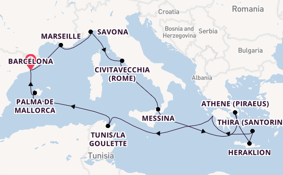Middellandse Zee vanaf Barcelona, Spanje met de Costa Favolosa
