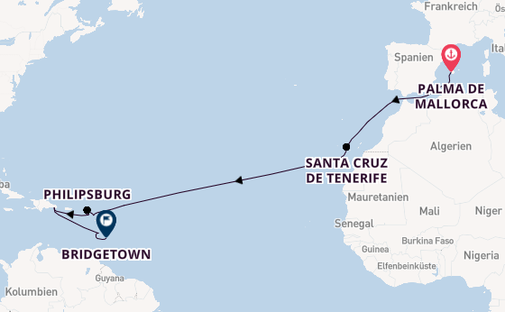 Karibik ab Palma de Mallorca, Spanien auf der Mein Schiff 2