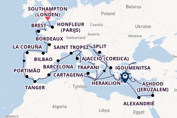 Middellandse Zee vanaf Southampton (Londen), Engeland met de Seven Seas Mariner