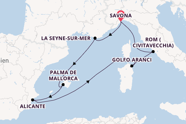 Westliches Mittelmeer ab Savona, Italien auf der Costa Pacifica