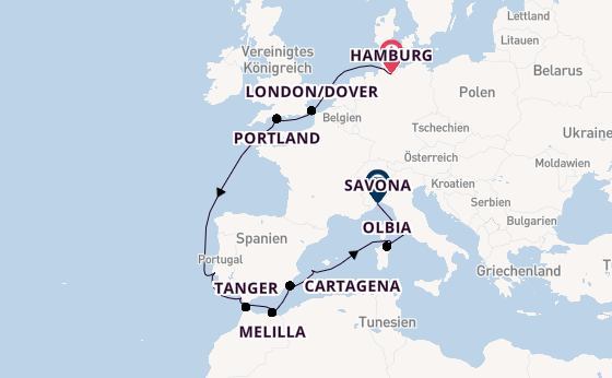 Mittelmeer ab Hamburg, Deutschland auf der Artania