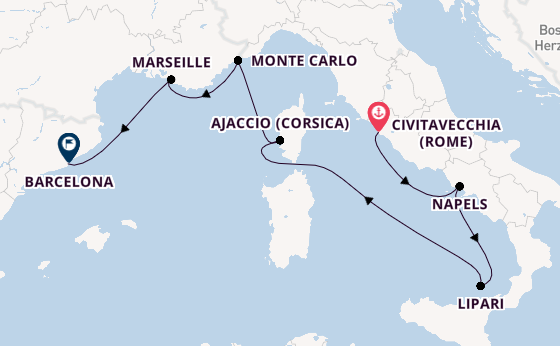 Westelijke Middellandse Zee vanaf Civitavecchia (Rome), Italië met de EXPLORA I