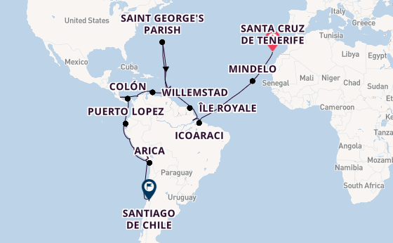 Zuid-Amerika vanaf Santa Cruz de Tenerife, Tenerife, Spanje met de VASCO DA GAMA