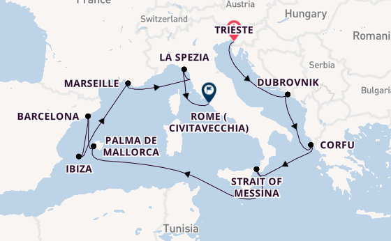 Western Mediterranean from Trieste, Italy with the Queen Elizabeth