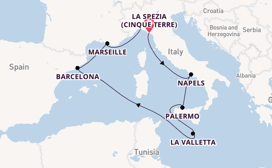 Westelijke Middellandse Zee vanaf La Spezia (Cinque Terre), Italië met de MSC Seaview