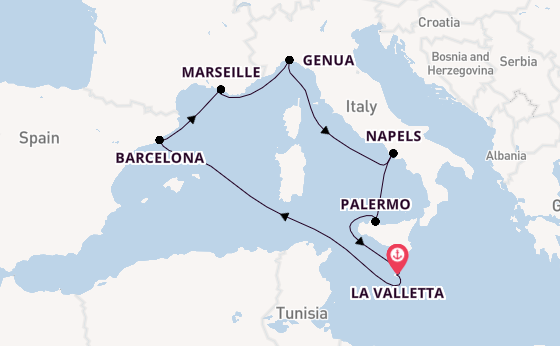 Westelijke Middellandse Zee vanaf La Valletta, Malta met de MSC Seaview