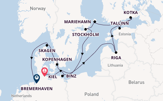 Europa vanaf Kiel, Duitsland met de Amadea